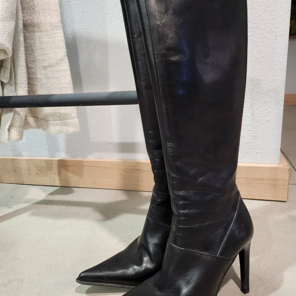 GUESS By Marciano | Black Leather Tall Houston Boots Heel 7W - Picture 7 of 12